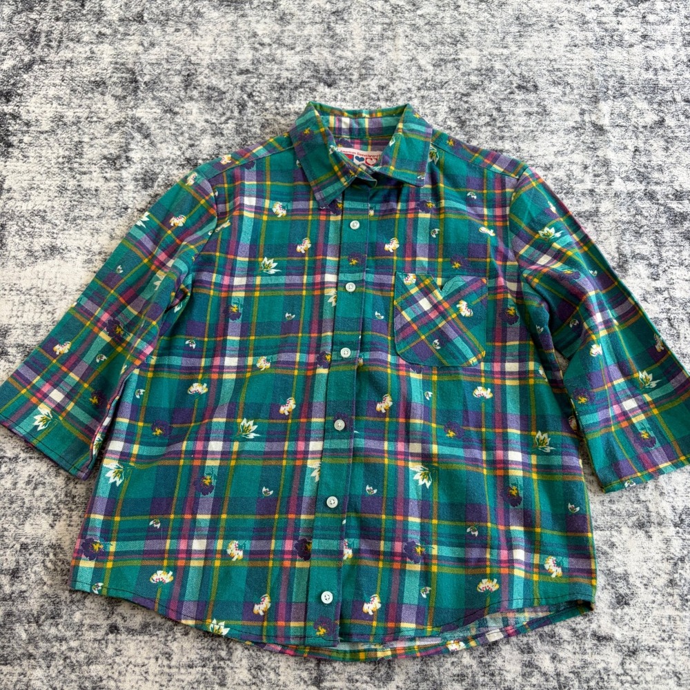 American Sweetheart Vintage Floral Plaid Flannel Shirt S Green Womens Button Up